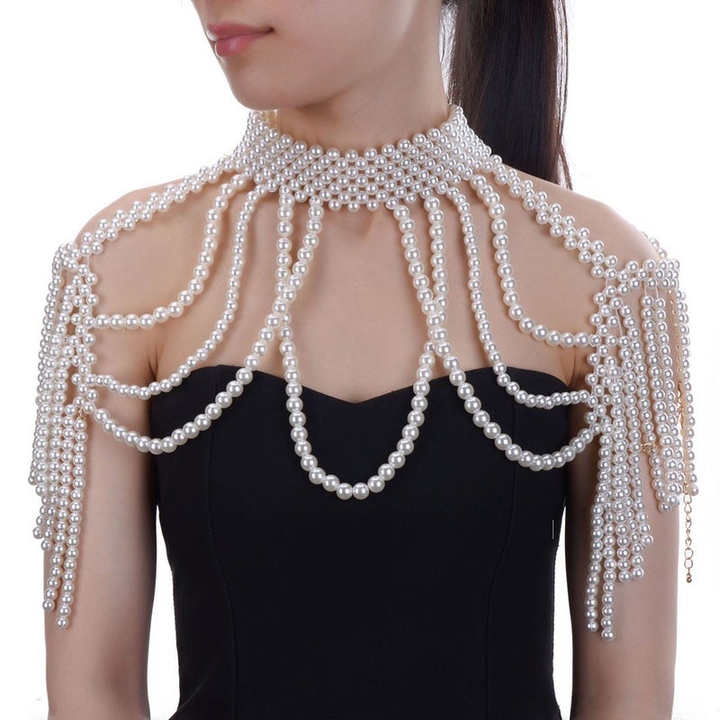 Jerollin Simulated Pearl Body Statement Necklace for Women, Fashion Collar Bib Necklaces Costume Jewelry White - Image 2